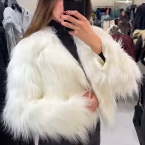 NEW Zara White Faux Fur Jacket Lapel Collar Size Medium NWT - Picture 5 of 11